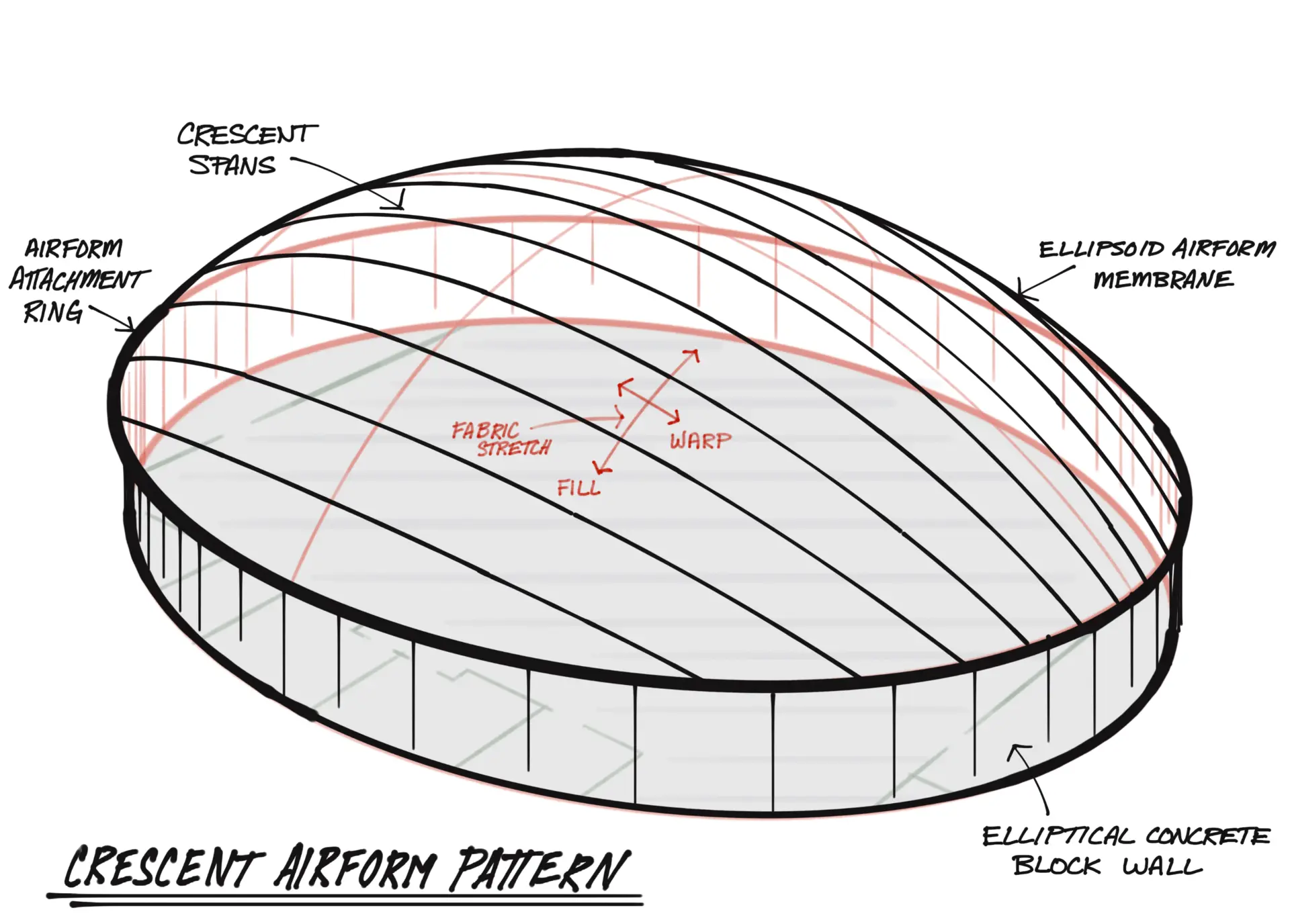 Sketch of the crescent ellipsoid Airform membrane pattern.